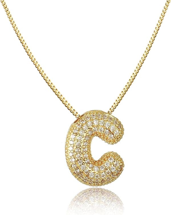 Damhalsband med bubbelbokstäver i guld/silver med is och initialer, bubbelsmycken, 45+5 cm