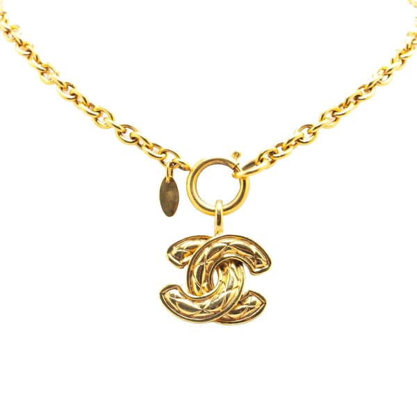 Pre-owned Chanel Gold Plated CC Quilted Pendant Necklace Gold