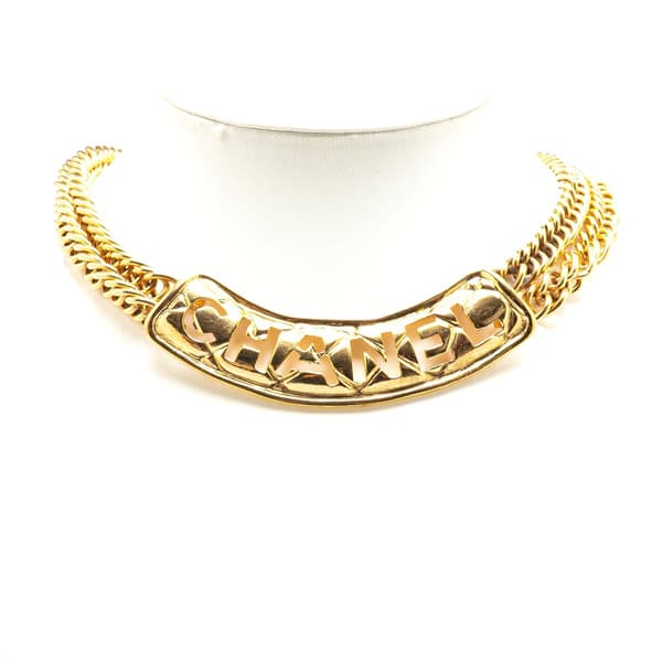 Pre-owned Chanel Gold Plated Quilted Cut Out Logo Double Chain Necklace Gold