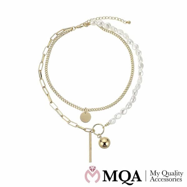 Halsband dubbel, guldfärgad, pärlor, boll &amp; mynthänge, justerbar