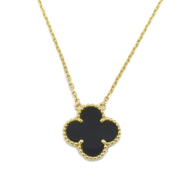 Pre-owned Van Cleef and Arpels 18K Yellow Gold and Onyx Vintage Alhambra Pendant Necklace Gold