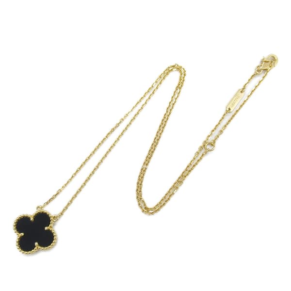 Pre-owned Van Cleef and Arpels 18K Yellow Gold and Onyx Vintage Alhambra Pendant Necklace Gold