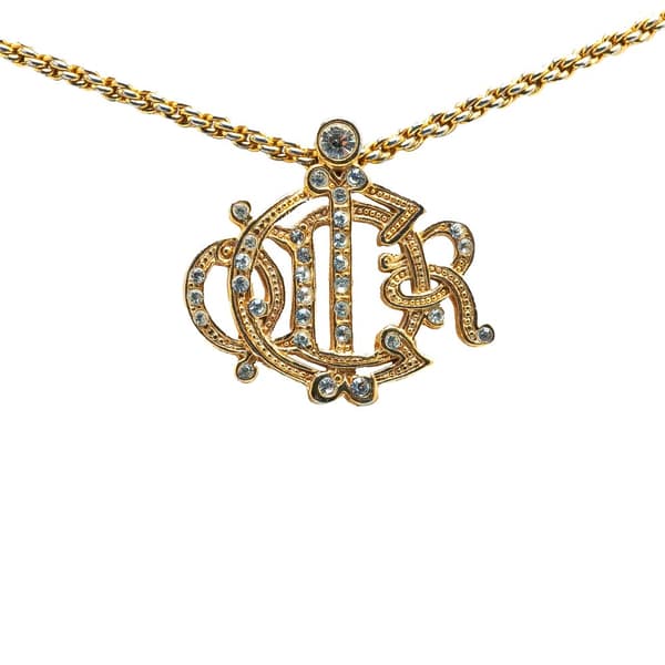 Pre-owned Dior Gold Plated Logo Crystal Pendant Necklace Gold