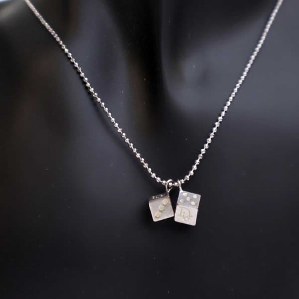 Pre-owned Dior Palladium Plated Enamel Dice Logo Pendant Necklace Silver