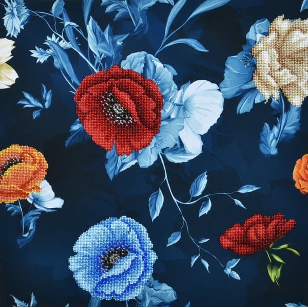 Pärlbroderi Brodera efter nummer Poppy Flowers with wild roses