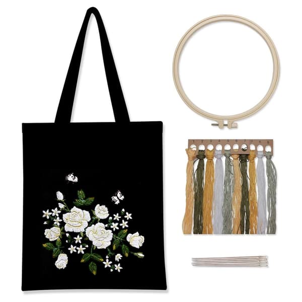 Broderikit, inkluderar svart canvas toteväska, tre unika mönster,Vit ros