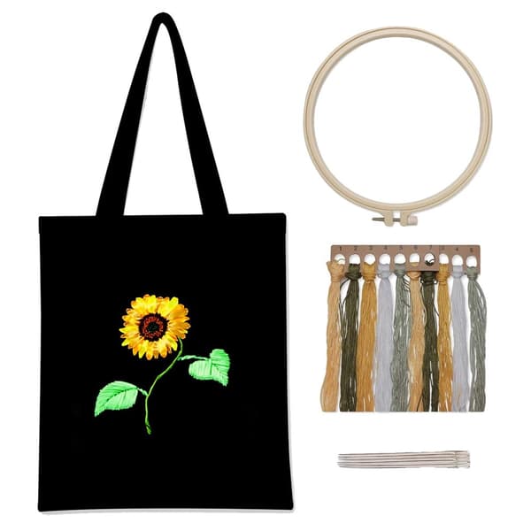 Broderikit, inkluderer sort canvas tote bag, tre unikke mønstre,Solblomst