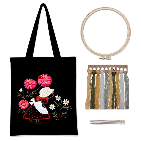 Broderikit, inkluderer sort canvas tote bag, tre unikke mønstre,Blomsterpige
