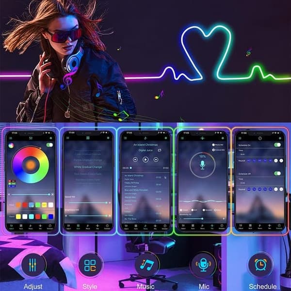 Moorle RGB Neon LED String Lights, Fleksibelt LED Neonlys til indendørs og udendørs, App/fjernbetjening, Flere tilstande, IP65 vandafvisende