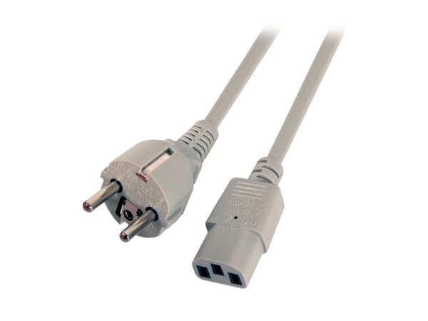 Nätkabel 230V jordkontakt CEE7(stickpropp)-&gt;kallapparat IEC-C13(uttag), 2m, grå