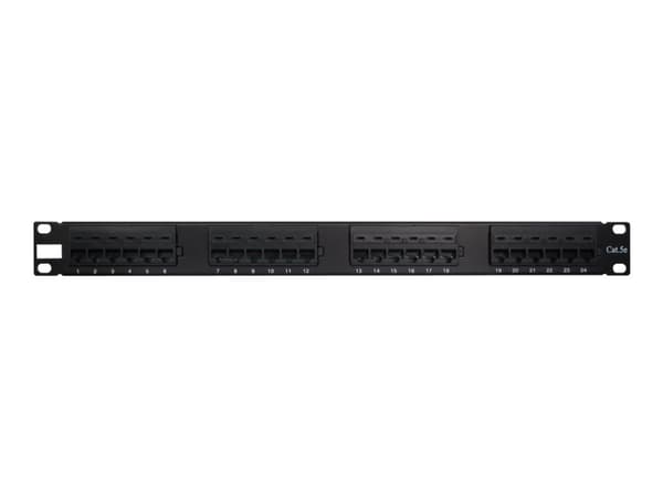 Inter-Tech 19'''' Cat.5e UTP 24 AMP, RJ-45, Cat5e, Musta, Metalli, Muovi, Telinekiinnitys, 482 mm musta