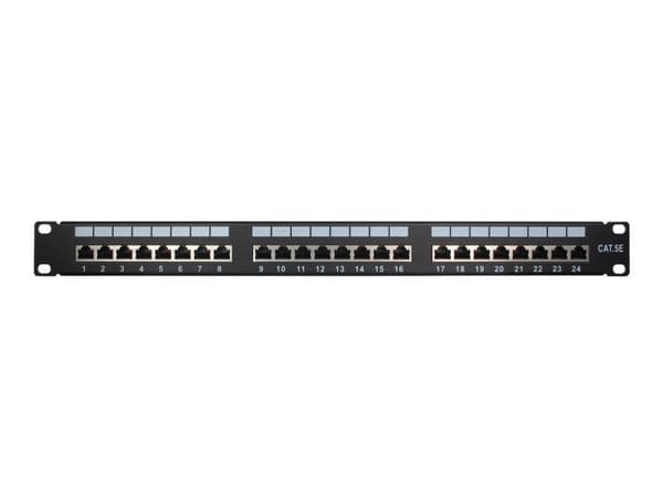 Inter-Tech 19'''' Cat.5e STP 24, RJ-45, Cat5e, Musta, Metalli, Telinekiinnitys, 482 mm musta