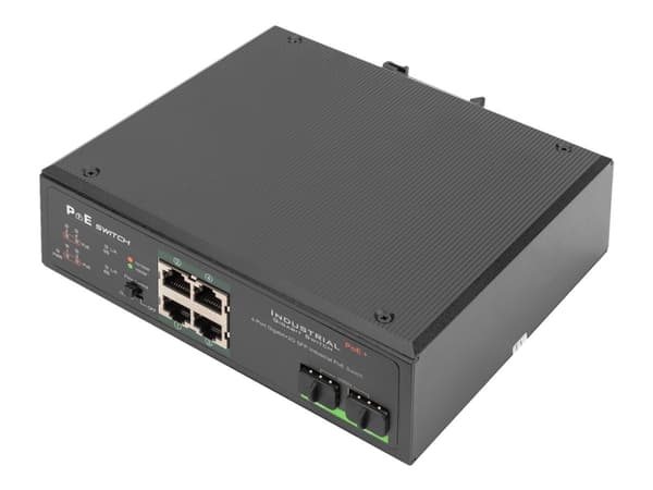 DIGITUS DN-651109 - Switch - ohanterad - 4 x 10/100/1000 (PoE+) + 2 x gigabit SFP (upplänk) - DIN-skenmonterbar - PoE+ - DC power