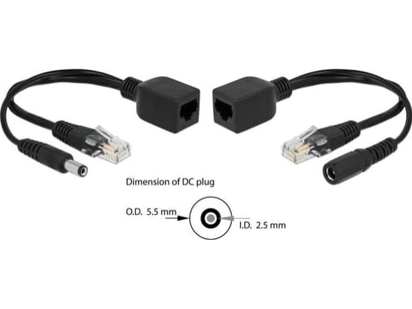 Delock Passive PoE Adapter Set RJ45 DC 5.5 x 2.5 mm - Strøminjektor - svart (en pakke 2)