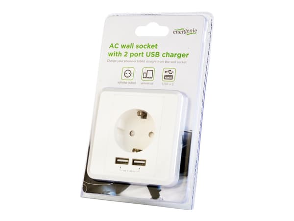 EnerGenie EG-ACU2A2-01 - Strømsokkelutgang - 2P+E - Type F, USB - med lukkere - 1 gang - 1 strømsokkel, 2 USB-sokler - 2.4 A