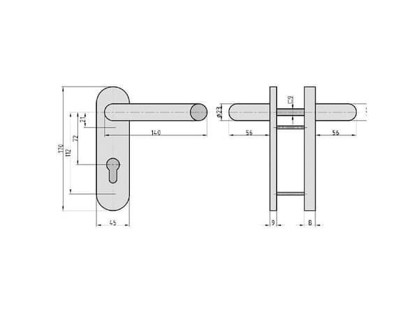 BASI 7529-0501, Håndtakssett for nøkkelbruk, Stål, Aluminium, Ambidekstriøs, DIN 18257, 7,2 cm
