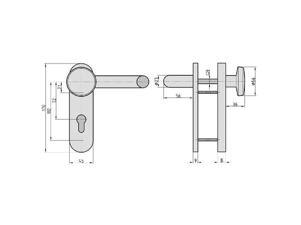 BASI 7529-0101, Håndtakssett for nøkkelbruk, Stål, Aluminium, Ambidekstriøs, DIN 18257, 7,2 cm