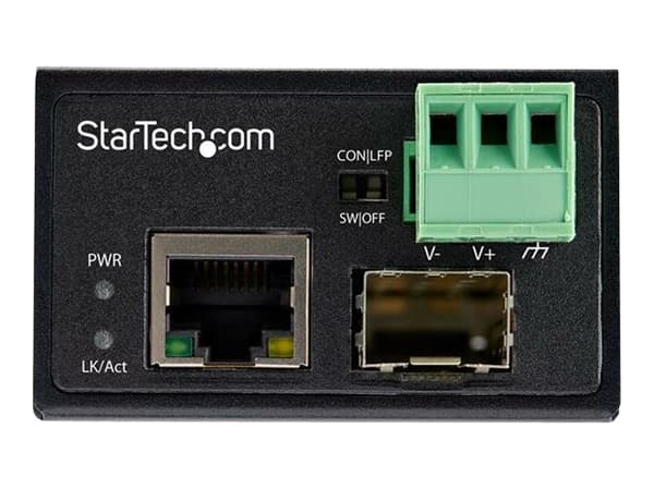 StarTech.com Industrial Fiber to Ethernet Media Converter, 100Mbps SFP to RJ45/Cat6, Singlemode/Multimode Optical Fiber to Copper Network, 12-56V DC,