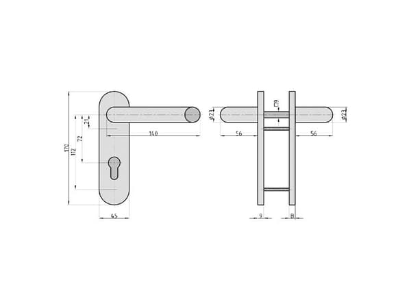 BASI 7529-0200, Avaimellinen oven kahvasetti, Terästä, Musta, Molempikätinen, DIN 18273, 7,2 cm
