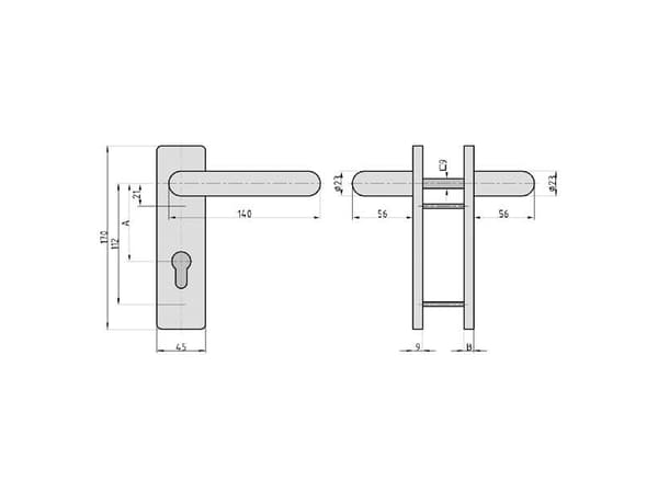 BASI 7522-0200, Avaimellinen oven kahvasetti, Terästä, Musta, Molempikätinen, DIN 18273, 7,2 cm