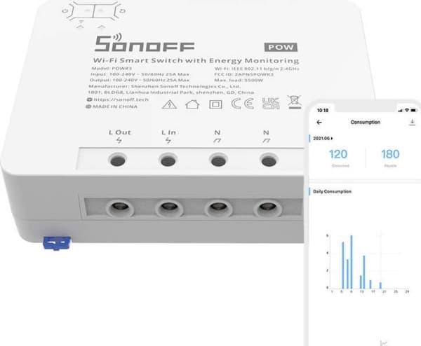 Sonoff POWR3, Smart strömställare, Vit, 100 - 240 V, 50 / 60 hz, 25 A, 162 mm