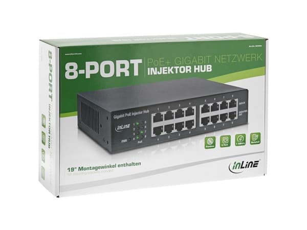 InLine 32308H, Gigabit Ethernet, 10,100,1000 Mbit/s, IEEE 802.3, IEEE 802.3ab, IEEE 802.3af, IEEE 802.3at, IEEE 802.3u, Sort, PoE, Strøm, 56 V