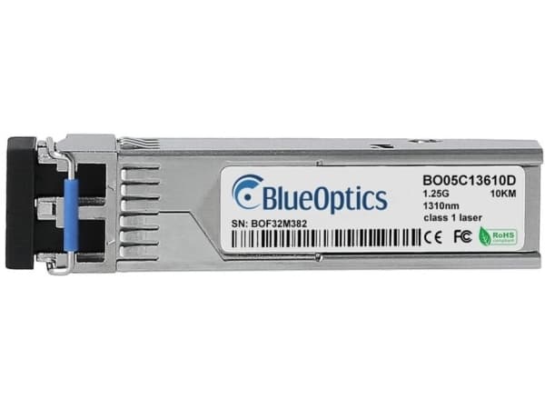 HPE Aruba R9Q44A -yhteensopiva BlueOptics© SFP-lähetin yhden moodin Gigabitin nopeaan tiedonsiirtoon valokuituverkoissa. Tukee Gigabit Ethernet-, Fib