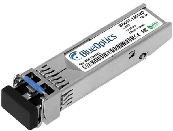 HPE Aruba R9Q44A -yhteensopiva BlueOptics© SFP-lähetin yhden moodin Gigabitin nopeaan tiedonsiirtoon valokuituverkoissa. Tukee Gigabit Ethernet-, Fib