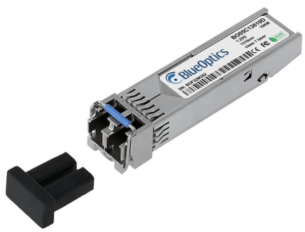HPE Aruba R9Q44A -yhteensopiva BlueOptics© SFP-lähetin yhden moodin Gigabitin nopeaan tiedonsiirtoon valokuituverkoissa. Tukee Gigabit Ethernet-, Fib