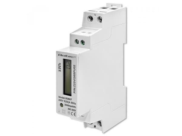 Qoltec Enfase elektronisk teller | energiforbruksmåler for DIN-skinne | 230V | LCD | 1P | Slank