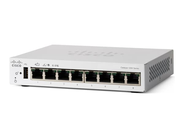 Cisco Catalyst 1200-8T-D - Switch - gigabit ethernet - L3 - smart - 8 x 10/100/1000 - stasjonær - PoE (67 W) Hvit