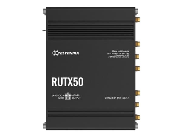 Teltonika RUTX50 - Langaton reititin - WWAN 4-porttinen kytkin - 1GbE, DNP3 - Wi-Fi 5 - 2,4 GHz - 3G, 4G, 5G - DIN-kiskoon asennettava, pinta-asennet