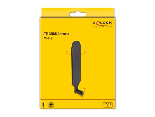 Delock - Antenne - SMA plug, with tilt joint, LTE GNSS, rotatable - 20.9 cm - 1,5 dBi (for 700 - 960 MHz), 3 dBi (for 2100 - 2700 MHz), 1.8 dBi (for