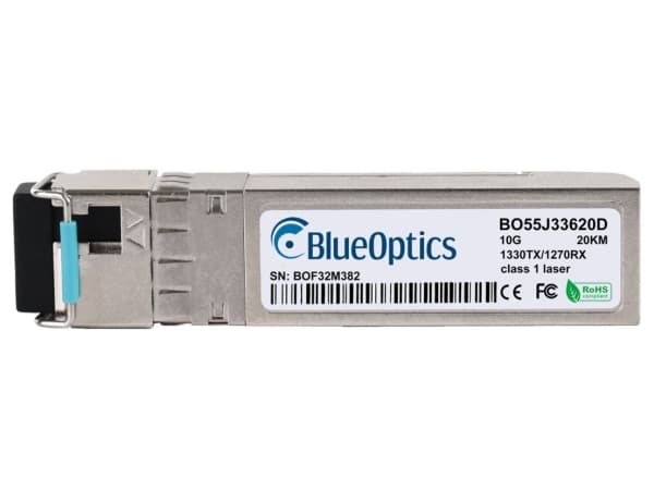 Yhteensopiva QLogic SFP-10G-BX-D BlueOptics BO55J33620D SFP+ Bidi Transceiver, LC-Simplex, 10GBASE-BX-D, yksimuotokuitu, TX1330nm/RX1270nm, 20KM, DDM
