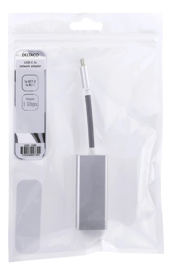 DELTACO USB C Network Adapter, Gigabit, RJ45, white bag, silver