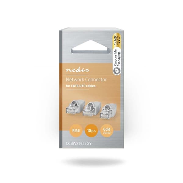 Nedis RJ45-stik | Han | Solid UTP CAT6 | Lige | Guldplateret | 10 stk. | PVC | Grå | Box