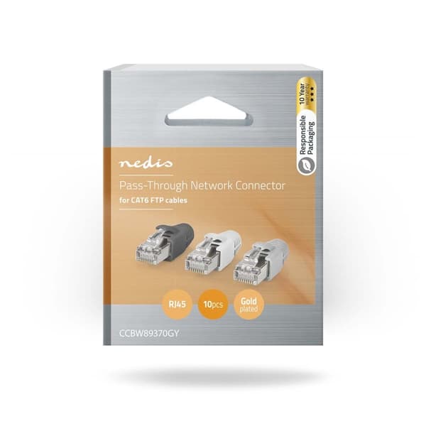 Nedis RJ45-kontakt | RJ45 Pass Through | Solid/Stranded FTP CAT6 | Rett | Gull belagt | 10 stk. | PVC | Grå / Hvit / Sort | Boks