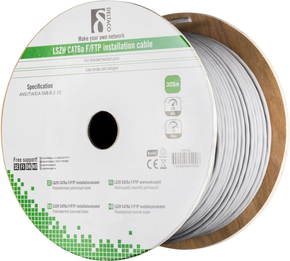 DELTACO F/FTP Cat6a folieskærmet installationskabel, LSZH (Low smoke
