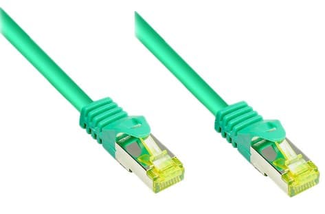 RJ45 patchkabel med Cat.7 råkabel og låsebeskyttelse (RNS®), S/FTP, PiMF, halogenfri, 600MHz, OFC, grønn, 0,25m, Good Connections® (8070R-003G)