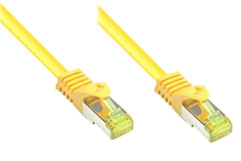 RJ45 liitäntäkaapeli Cat.7 raakakaapelilla ja Snap-in korvakkeella (RNS®), S/FTP, PiMF, halogeeniton, 600MHz, OFC, keltainen, 0.25m, Good Connections