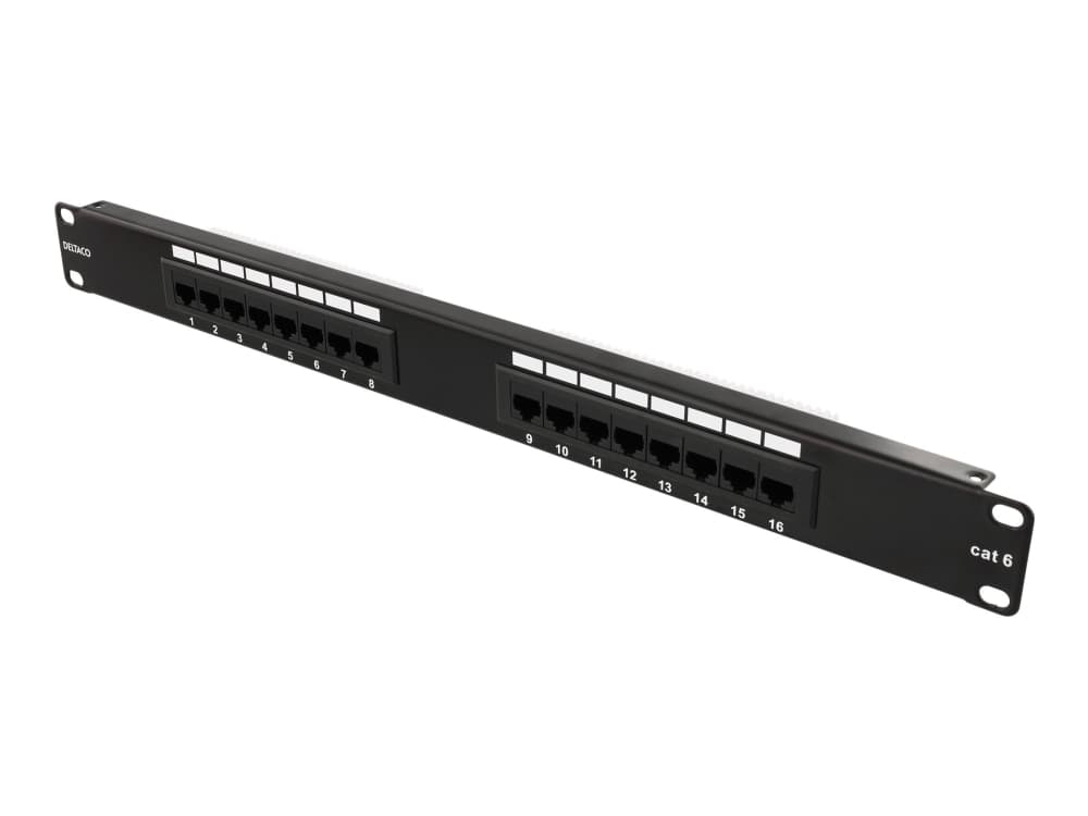 DELTACO PAN-102 - Patch-panel - CAT 6 - UTP - svart - 1U - 19" - 16 portar