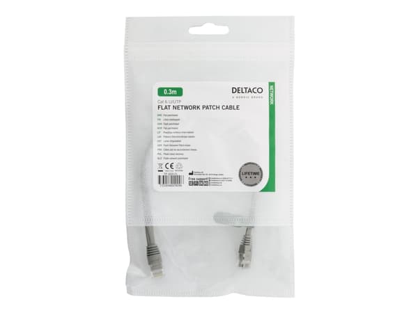 DELTACO - Patch-kabel - RJ-45 (hane) till RJ-45 (hane) - 30 cm - UTP - CAT 6a - platt - grå