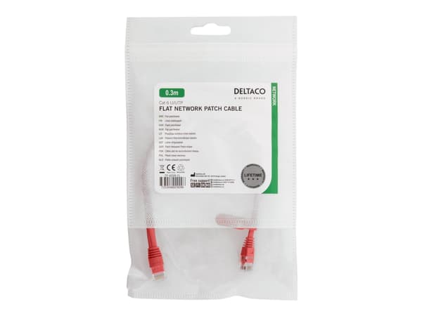 DELTACO - Koblingskabel - RJ-45 (hann) til RJ-45 (hann) - 30 cm - UTP - CAT 6 - flat - rød