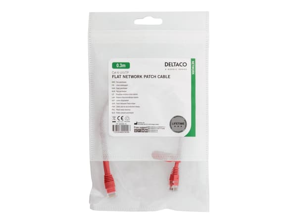 DELTACO - Koblingskabel - RJ-45 (hann) til RJ-45 (hann) - 30 cm - UTP - CAT 6 - flat - rød