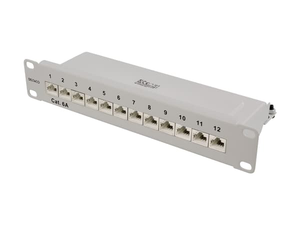 DELTACO 10-PATCH14 - Koblingspanel - rackmonterbar - CAT 6a - STP - RJ-45 X 12 - grå - 10"