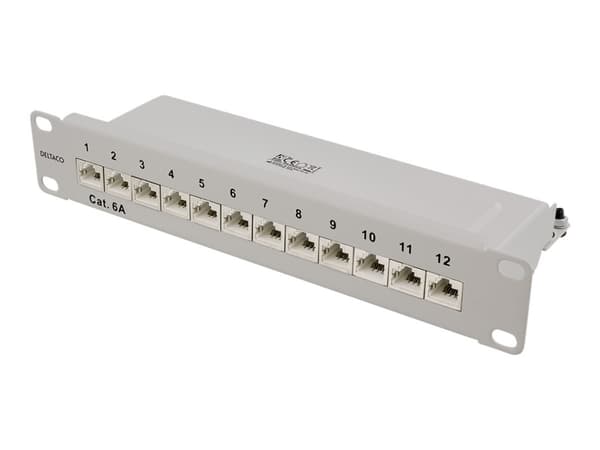 DELTACO 10-PATCH14 - Koblingspanel - rackmonterbar - CAT 6a - STP - RJ-45 X 12 - grå - 10"
