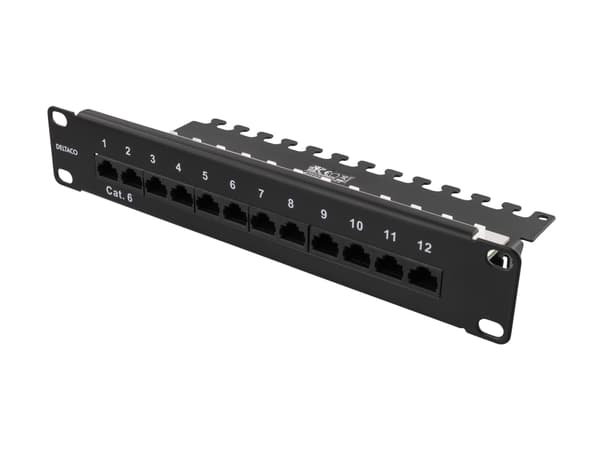 DELTACO 10-PATCH16 - Koblingspanel - rackmonterbar - CAT 6 - UTP - RJ-45 X 12 - svart - 1U - 10"