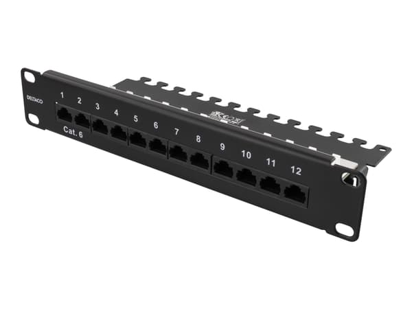 DELTACO 10-PATCH16 - Koblingspanel - rackmonterbar - CAT 6 - UTP - RJ-45 X 12 - svart - 1U - 10"