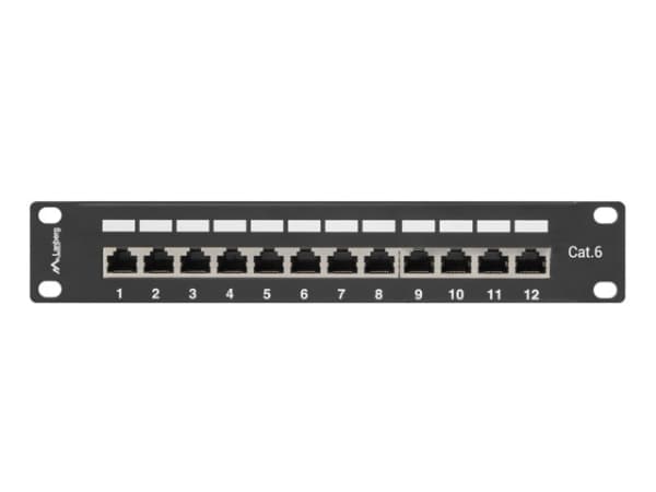 Lanberg PPF6-9012-B - Patch-panel - rackmontering - CAT 6 - STP - RJ-45 X 12 - RAL 9004, svart - 1U - 10"