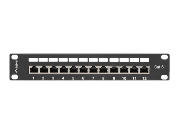 Lanberg PPF6-9012-B - Patch-panel - rackmontering - CAT 6 - STP - RJ-45 X 12 - RAL 9004, svart - 1U - 10"